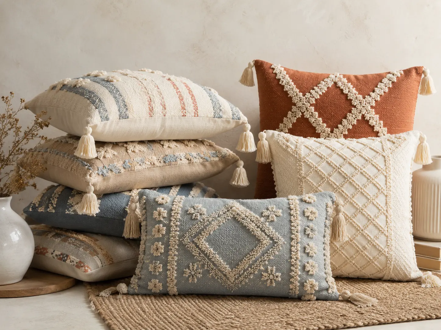 Tufted cotton cushion and pillow covers sourced from India